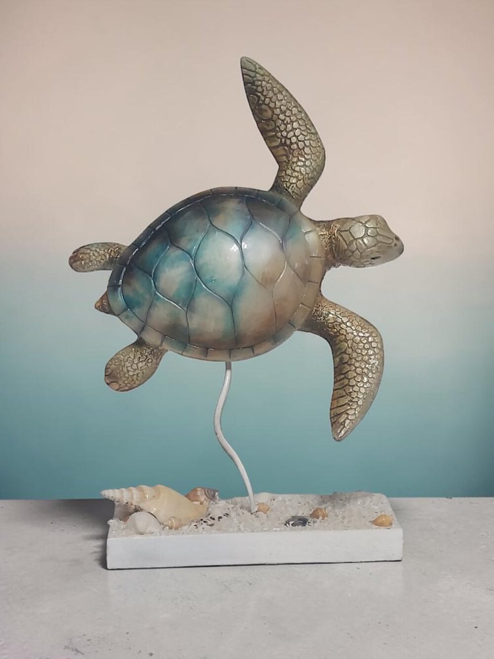 Sea Turtle Figurine Coastal Beach Decor Blue Shell Ocean Statue w/ Shell Base
